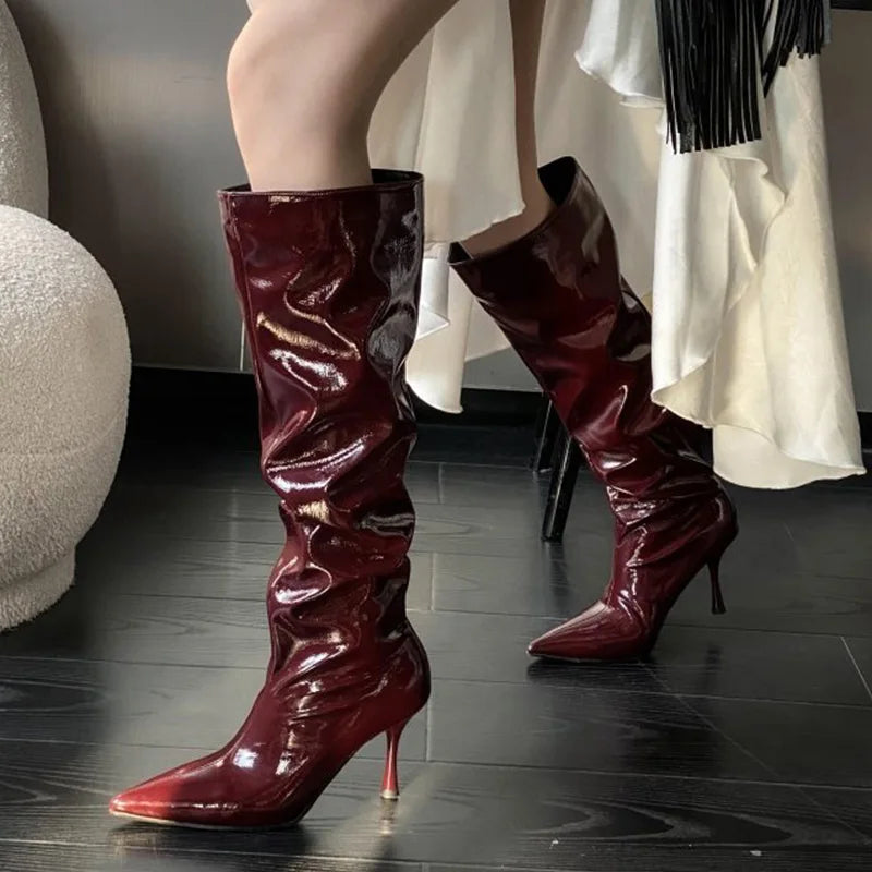 Women's Shiny Pleated Mid-Calf Boots | Pointed Toe Stiletto Mid-Calf Heeled Boots Axl