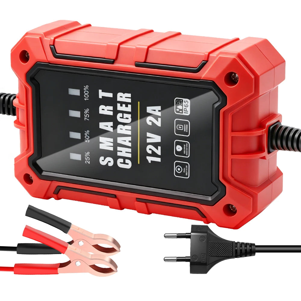 12V Intelligent Auto Car Battery Charger – LCD Smart Pulse Battery Charger Axl Red EU