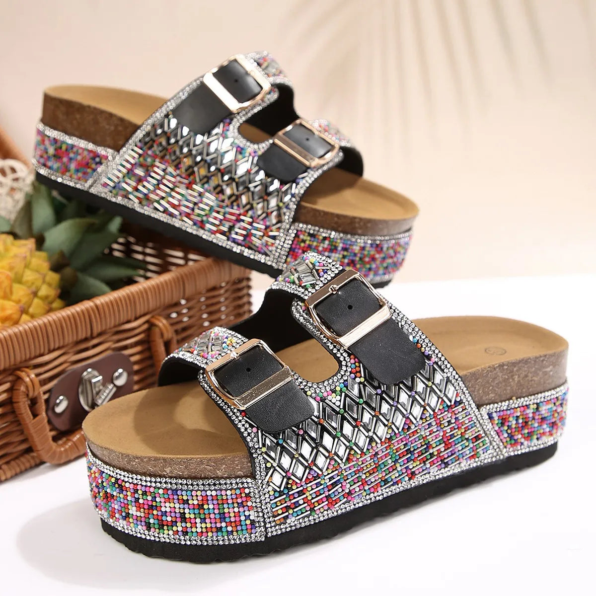 Women's Wide-Fit Platform Sandals | Double Buckle Diamond Slides Platform Sandals Axl 42 black