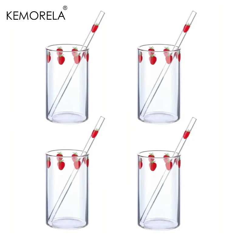 KEMORELA 300ml Cute Glass Cup – Strawberry Orange Design Glass Drinkware Cup Axl 4PCS 301-400ml