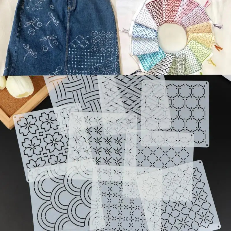 Sashiko Embroidery Stencils 9/32Pcs – Geometric PET Templates Embroidery Stencil Set Axl