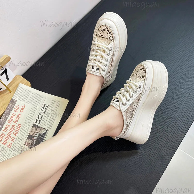 Women's 6.5cm Elevated Slide Slippers – Lace Mesh Casual Shoes Elevated Slide Slippers Axl