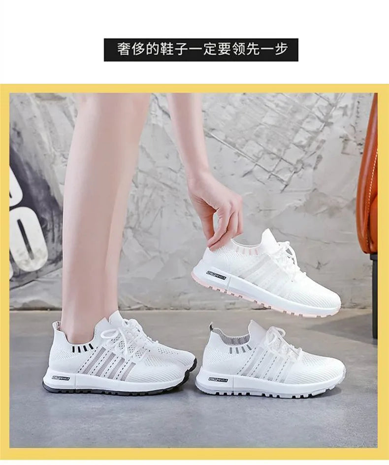 Women's White Platform Sneakers – Breathable Mesh Lace-Up Platform Sneakers Axl