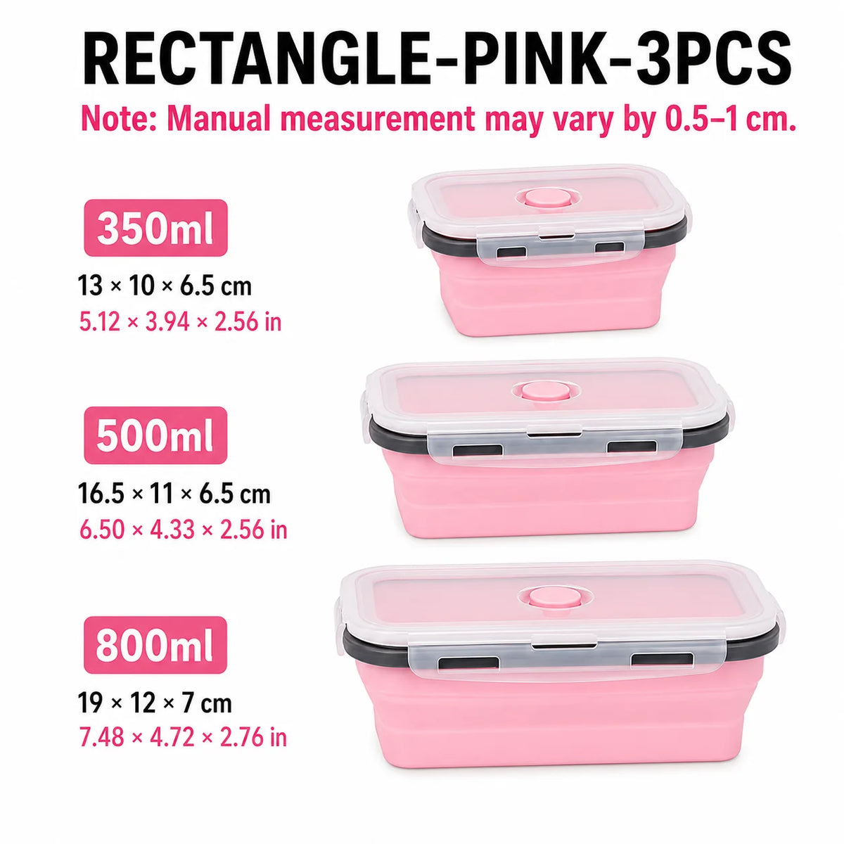 Uwhise 4-Size Collapsible Silicone Bento Lunch Box Set Silicone Food Containers Axl Rectangle-Pink-3Pcs