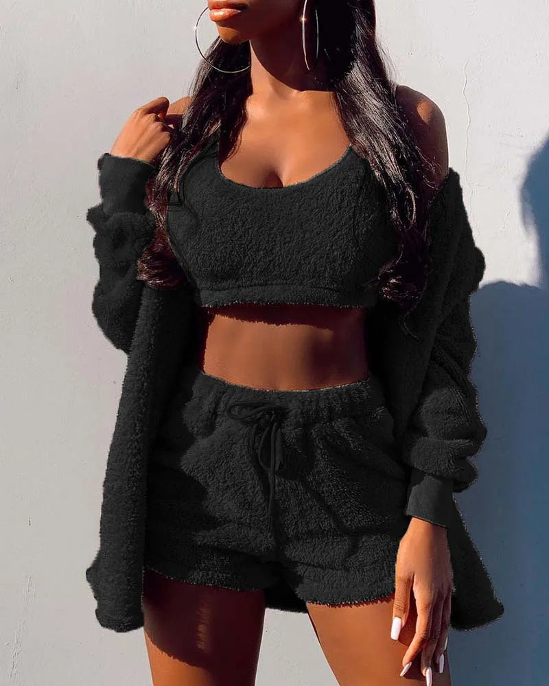 Women's 3-Piece Velvet Fleece Pajamas Set – Crop Top Shorts Coat Women's Pajamas Set Axl