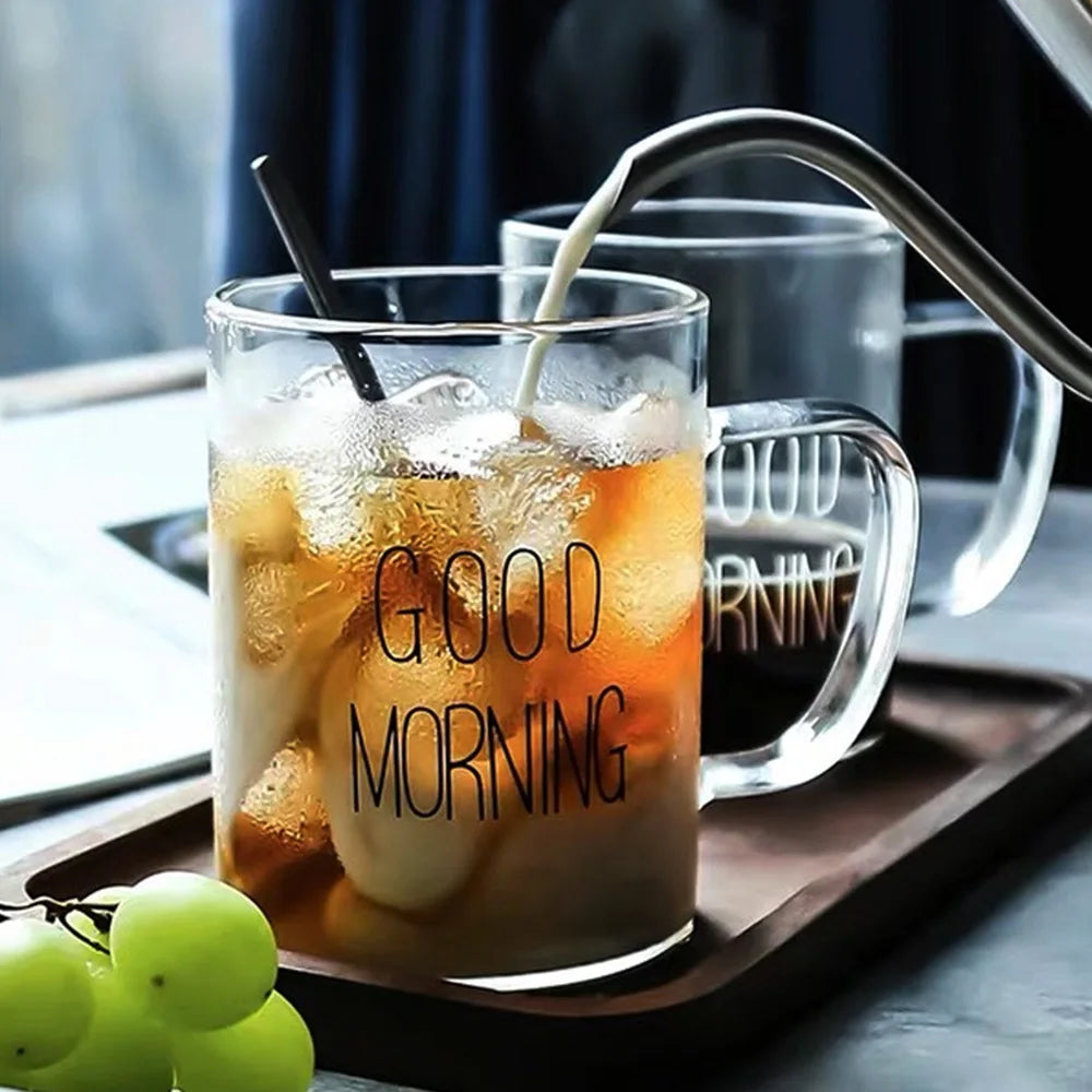 KEMORELA Good Morning Glass Mug – 400ml Transparent Breakfast Cup Glass Breakfast Mug Axl
