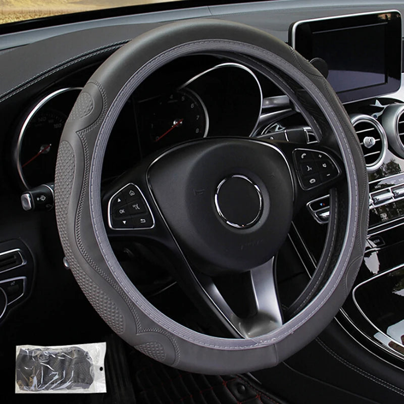Universal Leather Steering Wheel Cover – Anti-Slip 38cm Steering Wheel Cover Axl Gray