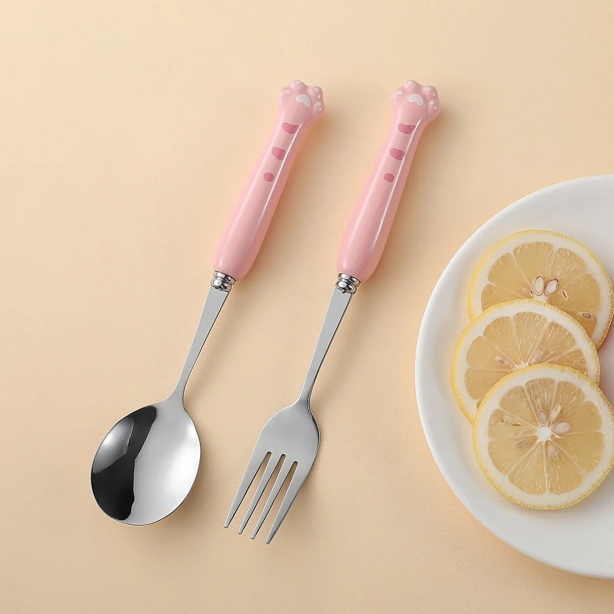 Kids Stainless Steel Fork & Spoon Set – Crocodile Handle Kids Flatware Set Axl pink