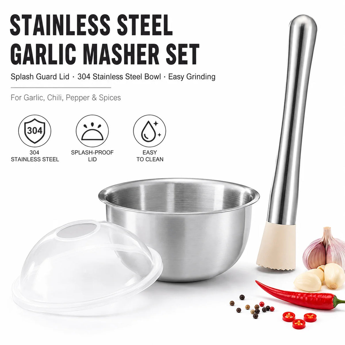 Stainless Steel Mortar & Pestle Set with Splash Guard Lid Mortar & Pestle Set Axl