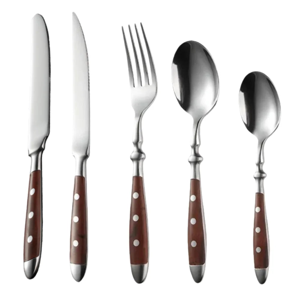 6-Piece Wood-Grain Stainless Steel Cutlery Set | Knife Fork Spoon Flatware Cutlery Set Axl