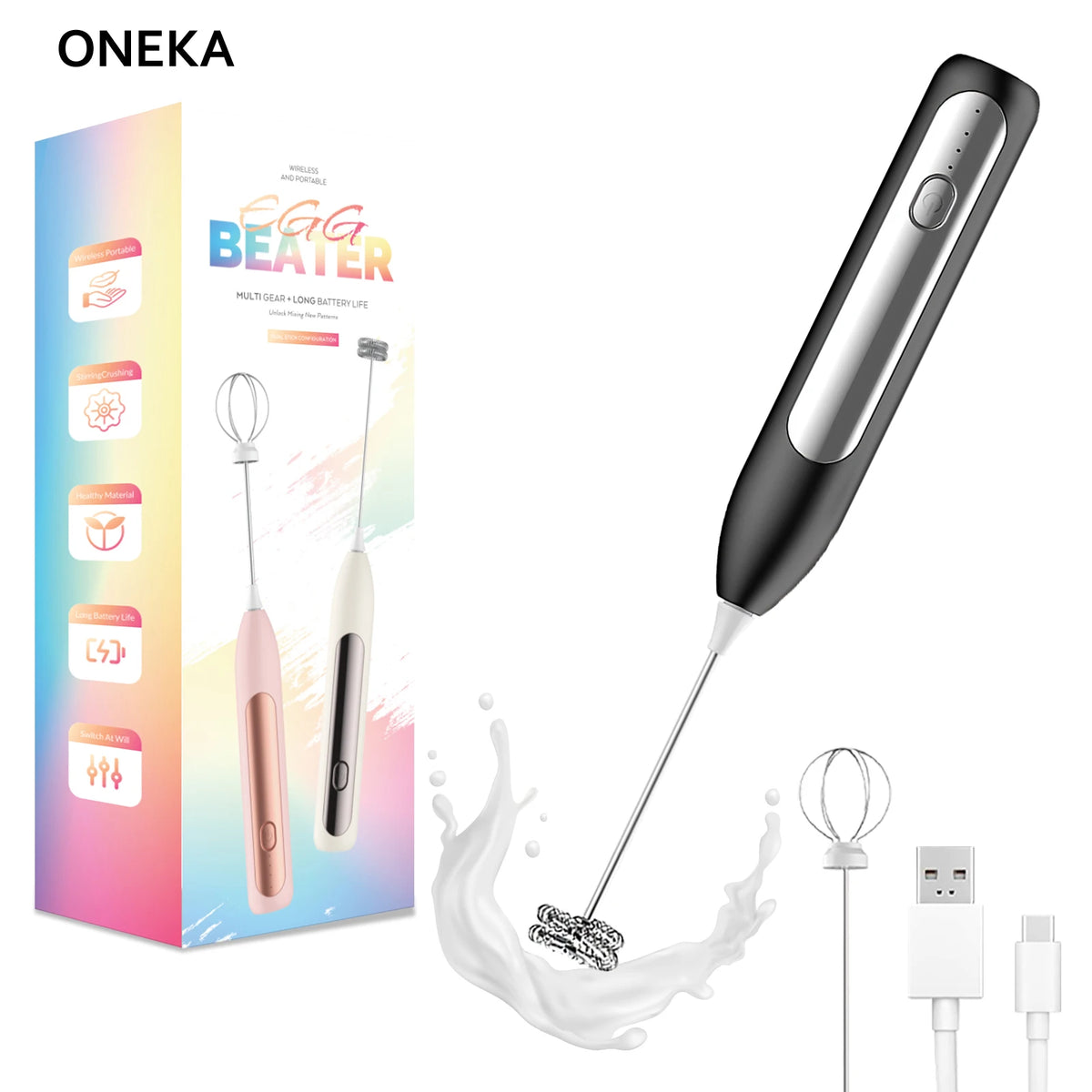 Rechargeable Handheld Milk Frother Wand & Egg Whisk Foam Maker Milk Frother Wand Axl Black
