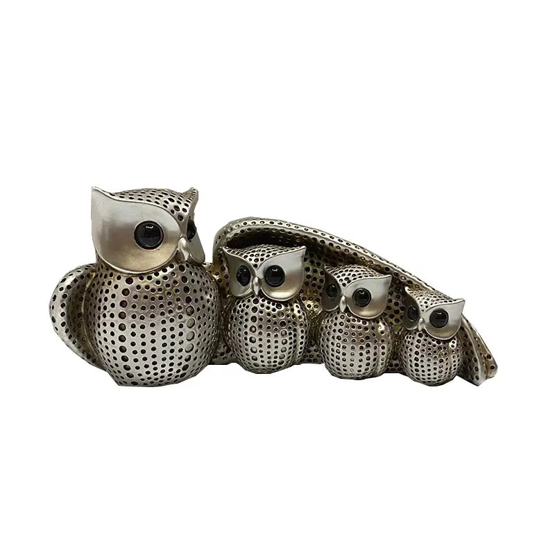 Family of Four Owl Statue – Resin Bird Figurine Home Decor Decorative Figurine Axl Silver