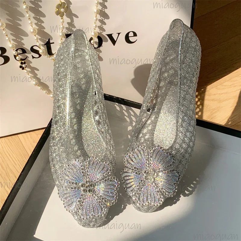 Crystal Jelly Sandals – Diamond Flower Pointed Toe Flats for Women Women's Jelly Sandals Axl
