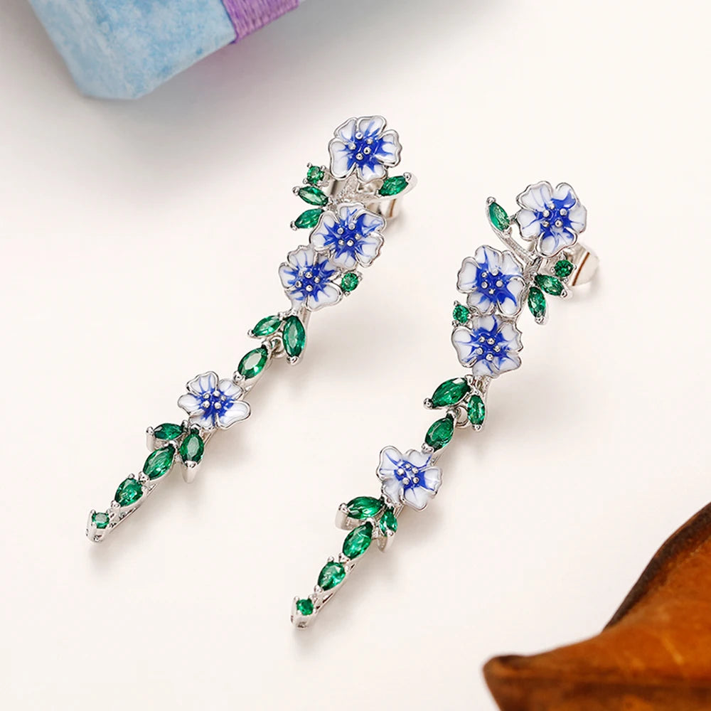 Huitan Vintage Enamel Blue Flower Dangle Earrings Women Dangle Drop Earrings Axl