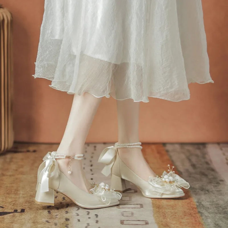 Women's Pearl Square-Toe Pumps – Thick Heel Mary Jane Slingback Women's Heeled Pumps Axl