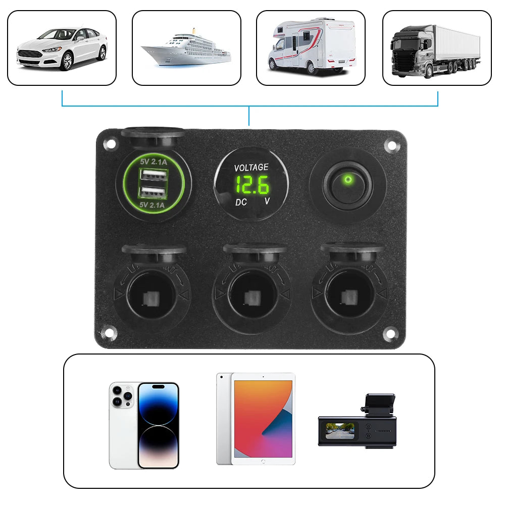 12V Power Panel – 3 Sockets, Dual USB 4.2A & LED Voltmeter Car Power Panel Axl
