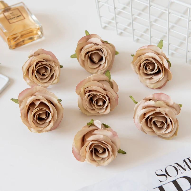 Artificial Silk Rose Flower Heads – 15 or 30 Pcs Wedding Décor Artificial Silk Flowers Axl Dark Khaki 15 pcs