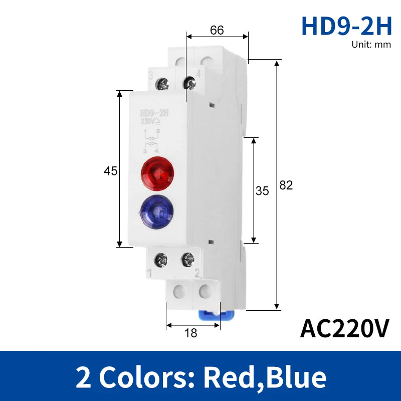 HD9 DIN Rail LED Signal Indicator Light 9mm 18mm 220V – 4 Colors LED Indicator Light Axl 2H-Red-Blue