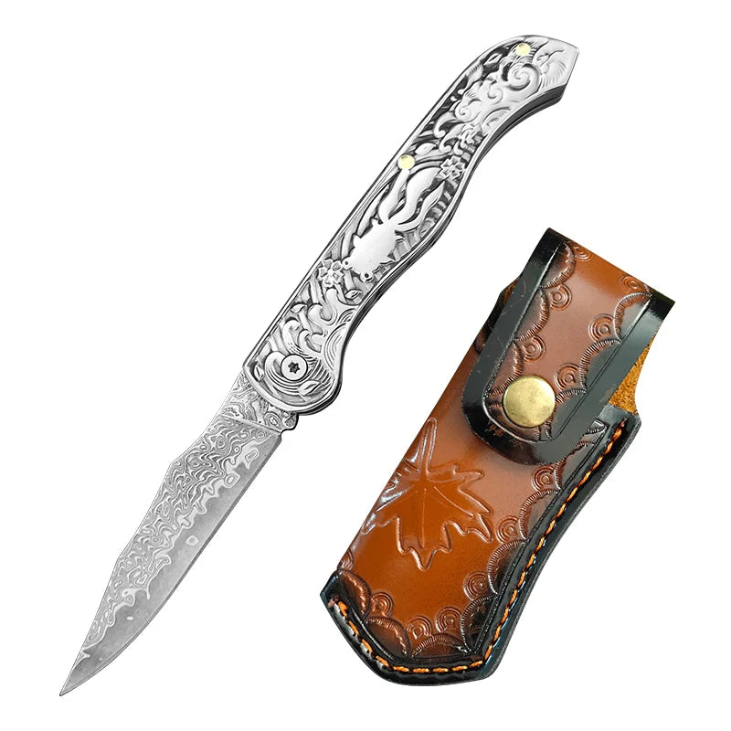 InLeung Damascus Steel Folding Kitchen Knife – 8" Multipurpose Folding Kitchen Knife Axl Folding Knife T