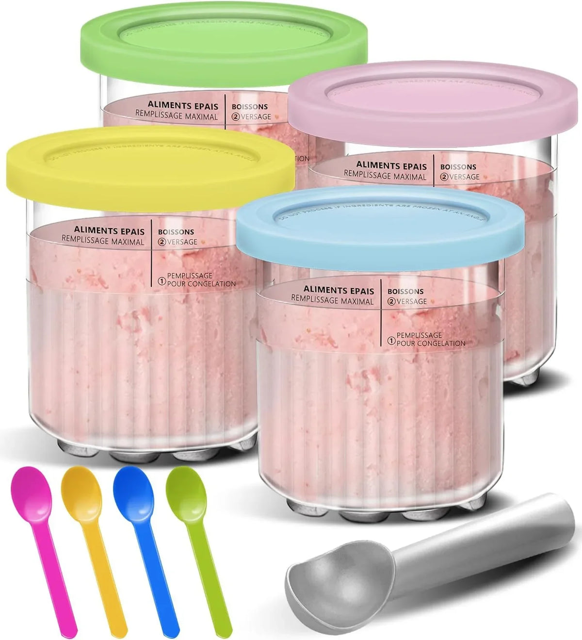 Replacement Pint Containers with Lids for Ninja Creami NC500 NC501 Ice Cream Containers Axl 4 Colors with spoons As whown