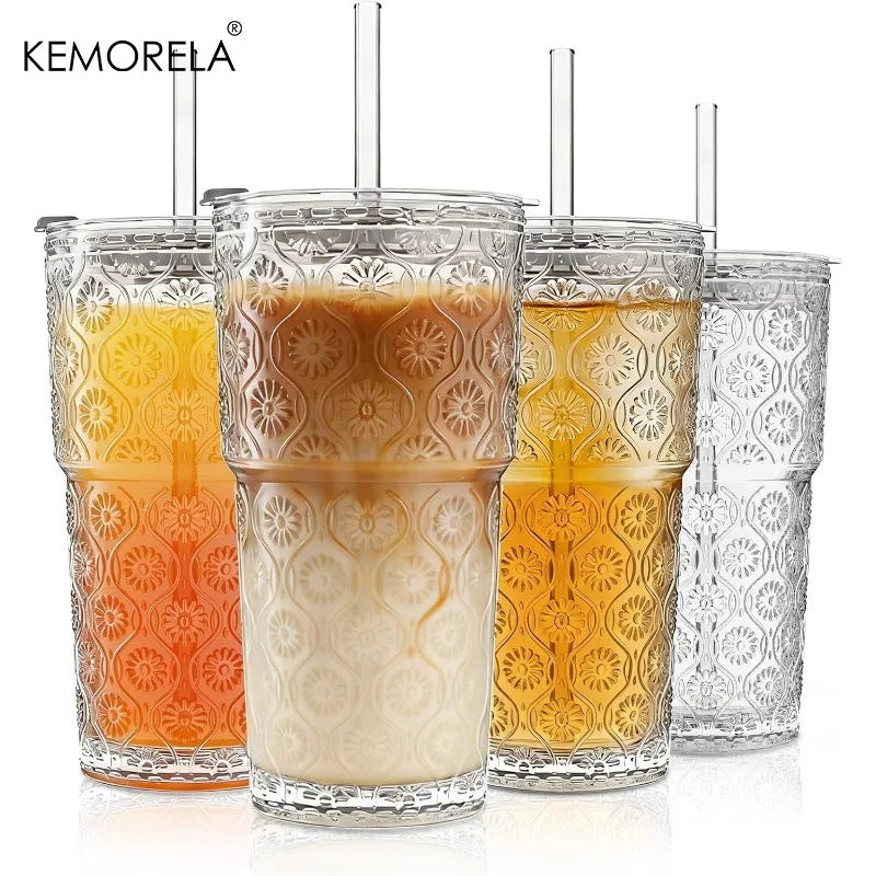 KEMORELA 600ml Begonia Glass Tumblers Set of 4 with Lids & Straws Glass Tumbler Set Axl 4PCS 600ML