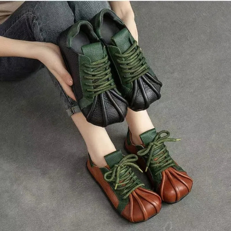 Women's Casual Flat Sneakers – Soft PU Leather Lace-Up Shoes Women's Flat Sneakers Axl