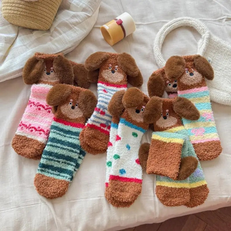 Women's Fluffy Coral Fleece Socks – 3D Dog Ear Cartoon Design Novelty Fluffy Socks Axl