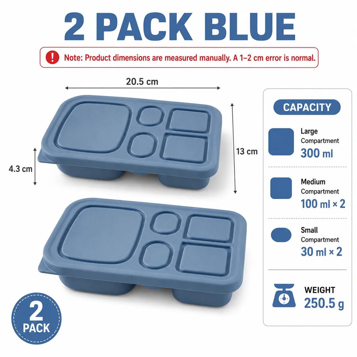 Silicone Bento Lunch Box – 5-Compartment Food Container Bento Lunch Box Axl 2 PACK Blue