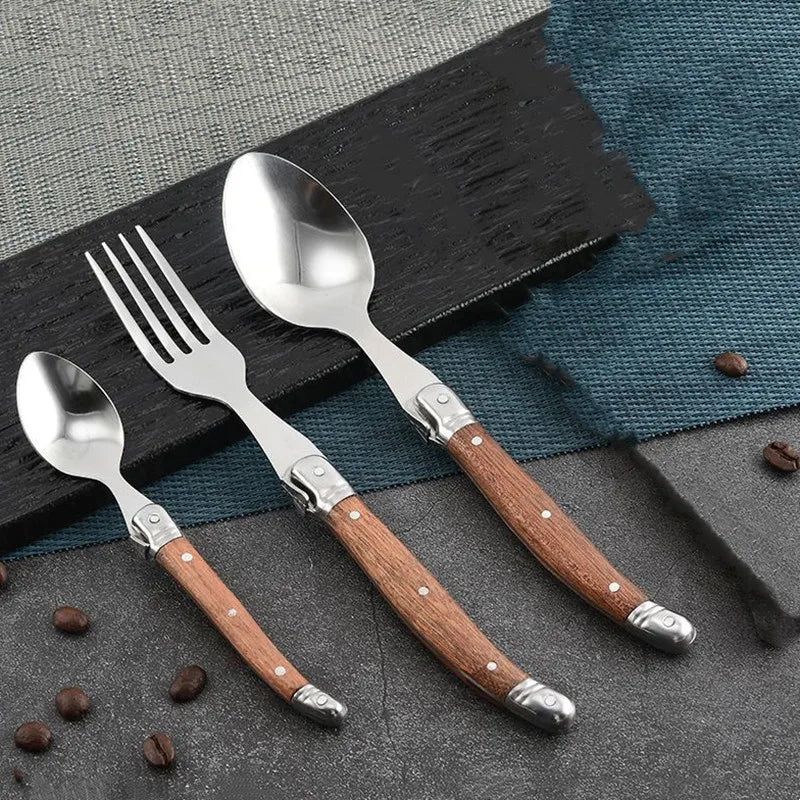 6-Piece Laguiole-Style Cutlery Set – Wood Handle Forks & Spoons Flatware Cutlery Set Axl