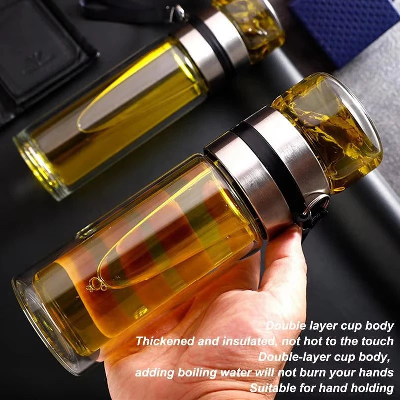 KEMORELA Glass Tea Infuser Bottle – Double Wall Travel Mug Tea Infuser Bottle Axl