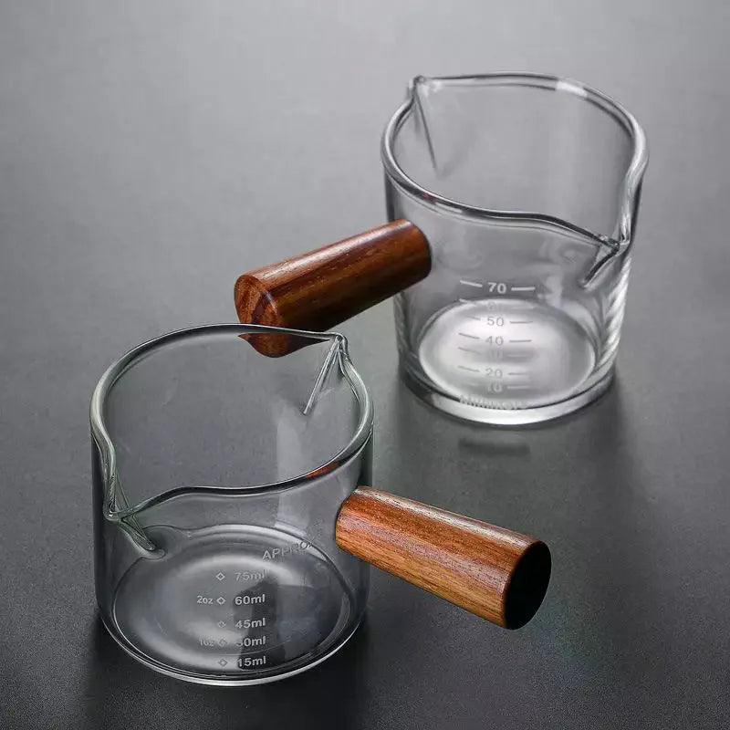 Glass Espresso Measuring Cup with Wood Handle | ml & oz Espresso Measuring Cup Axl