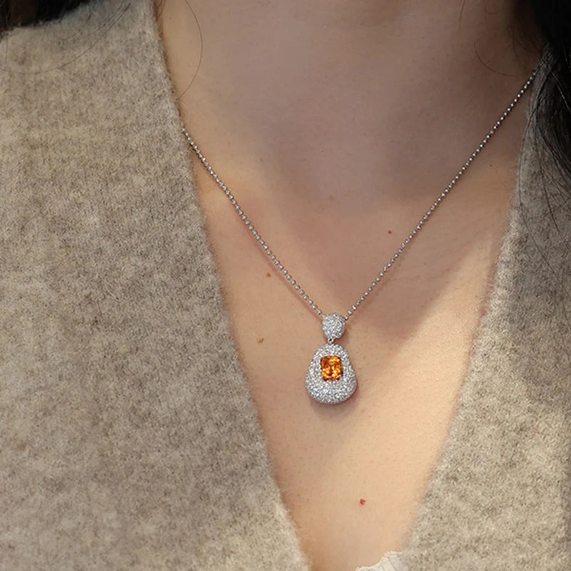 Huitan Pear Shape Orange Red CZ Pendant Necklace | Bead Chain Pendant Necklace Axl