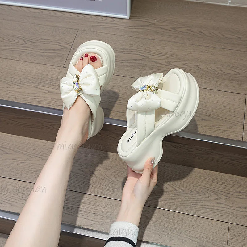Women's Wedge Sandal Slippers – Butterfly Knot Rhinestone High Heel Wedge Sandal Slippers Axl