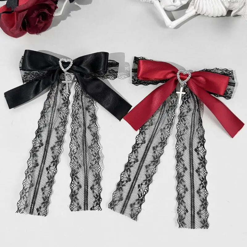 Gothic Lace Bow Hair Clip – Lolita Barrette with Rhinestone Cross Lace Bow Hair Clip Axl