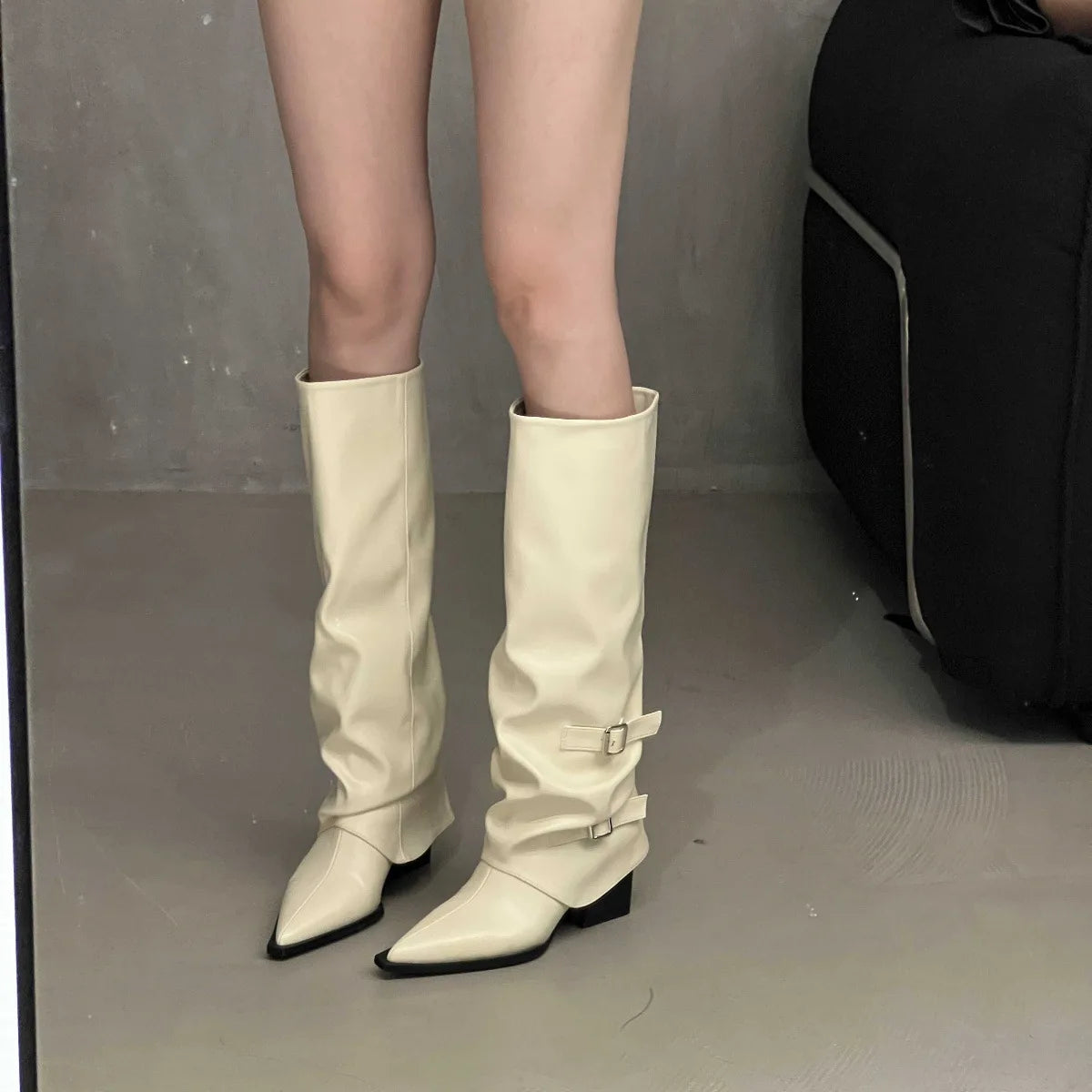 Women's Pointed Toe Block Heel Boots with Buckle Strap Women's Fashion Boots Axl Apricot 39