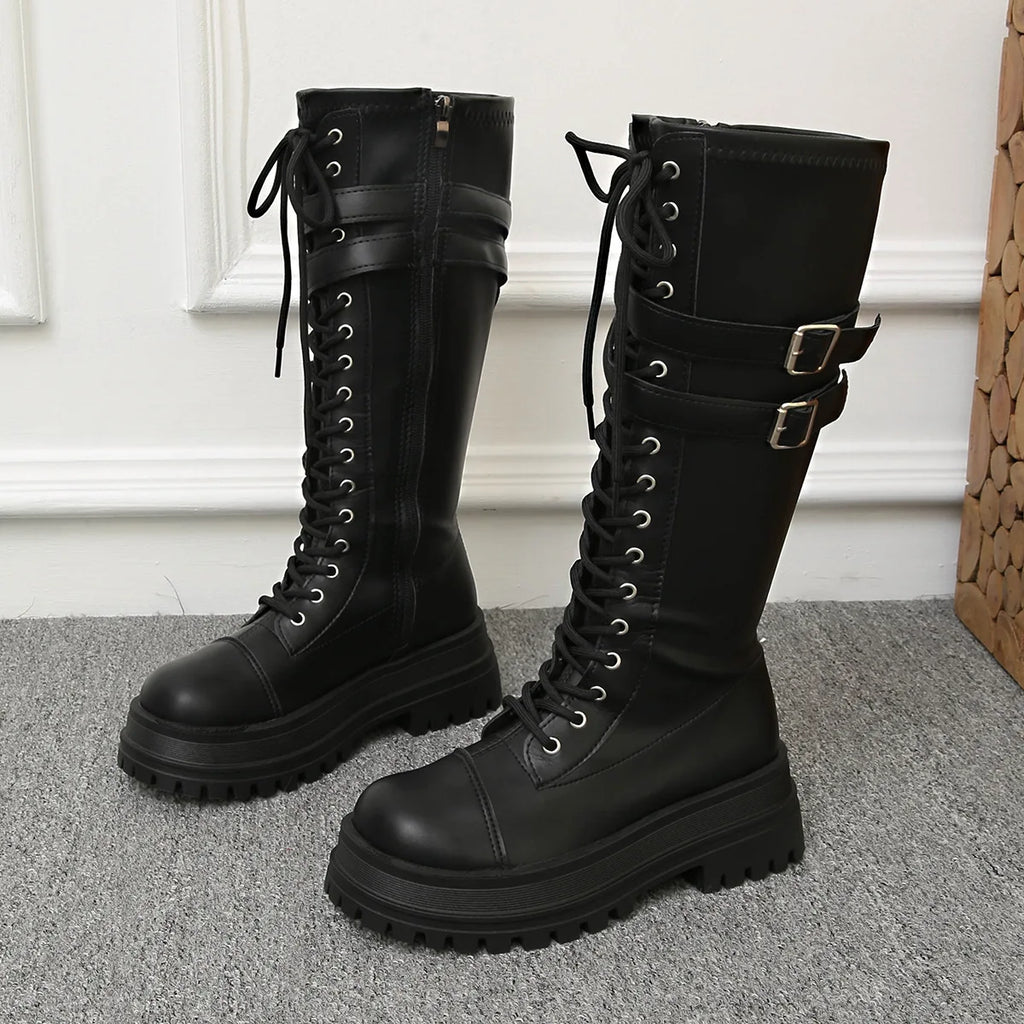 Women's Platform Knee-High Boots – Gothic Punk Lace-Up Black Platform Knee-High Boots Axl