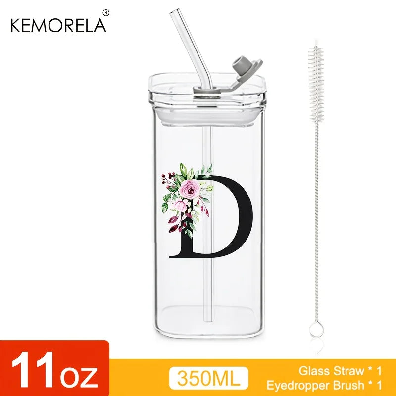 KEMORELA 300ml Letter-Shaped Glass Tumbler with Lid & Straw Glass Tumbler Axl D 300ML