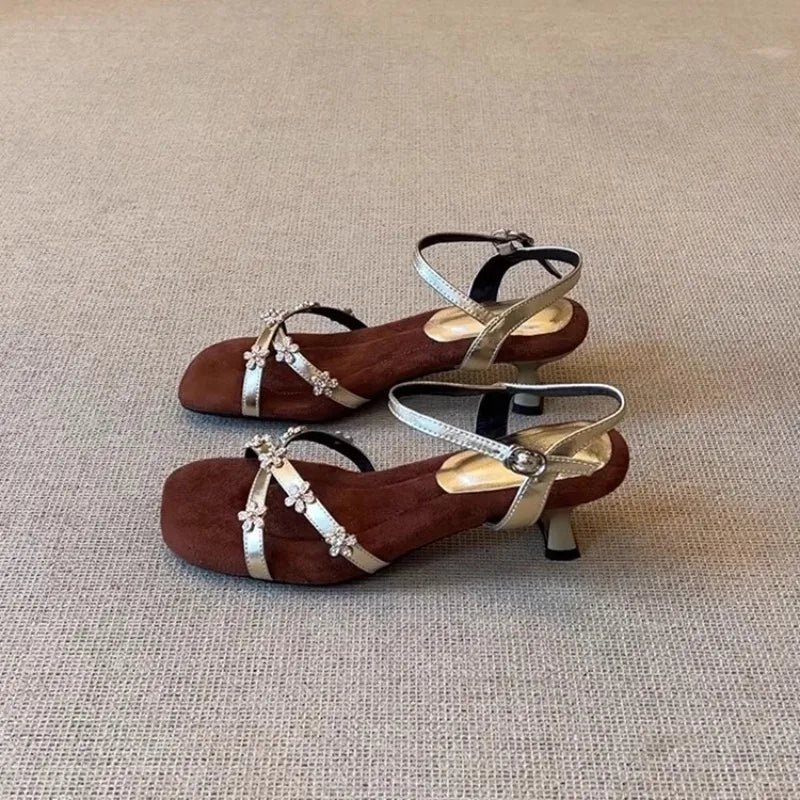 Women's Flower Buckle Peep Toe Low Heel Sandals | Party Shoes Low Heel Sandals Axl