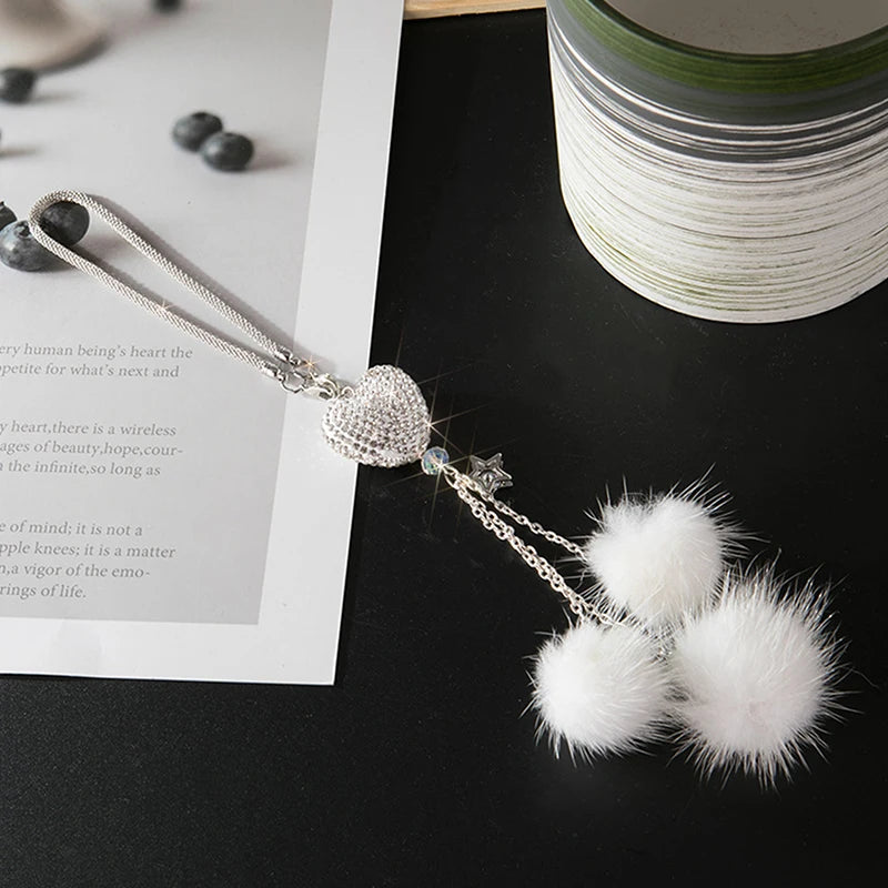 Rhinestone Crystal Plush Pendant Car Rearview Mirror Charm Car Mirror Charm Axl White