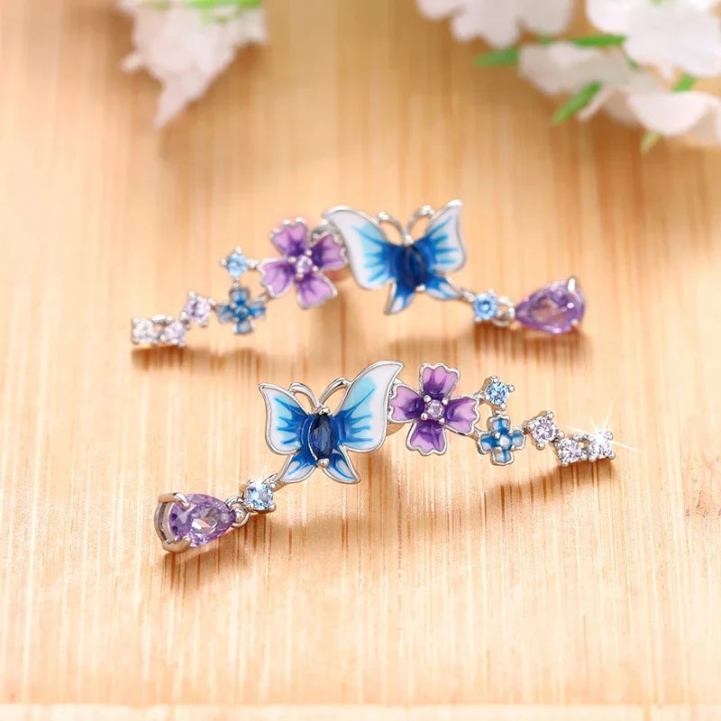 Huitan Butterfly Flower Drop Earrings | Colorful CZ Women's Jewelry Drop Earrings Axl