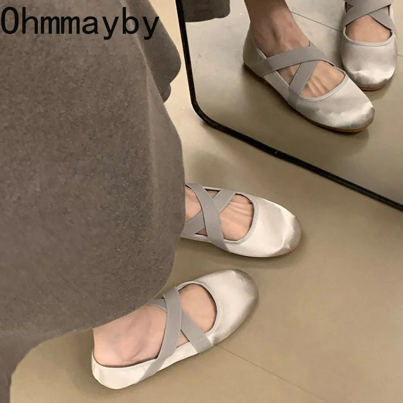 Women's Satin Cross Strap Ballet Flats – Elegant Slip-On Ballet Flat Shoes Axl