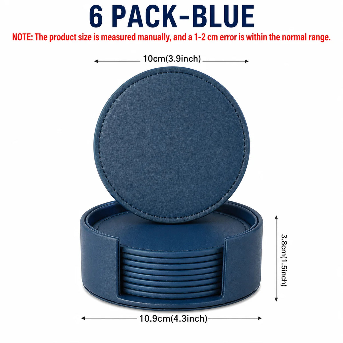 PU Leather Drink Coaster Set of 6 with Holder – Heat Resistant Drink Coaster Set Axl 6 PACK-Blue