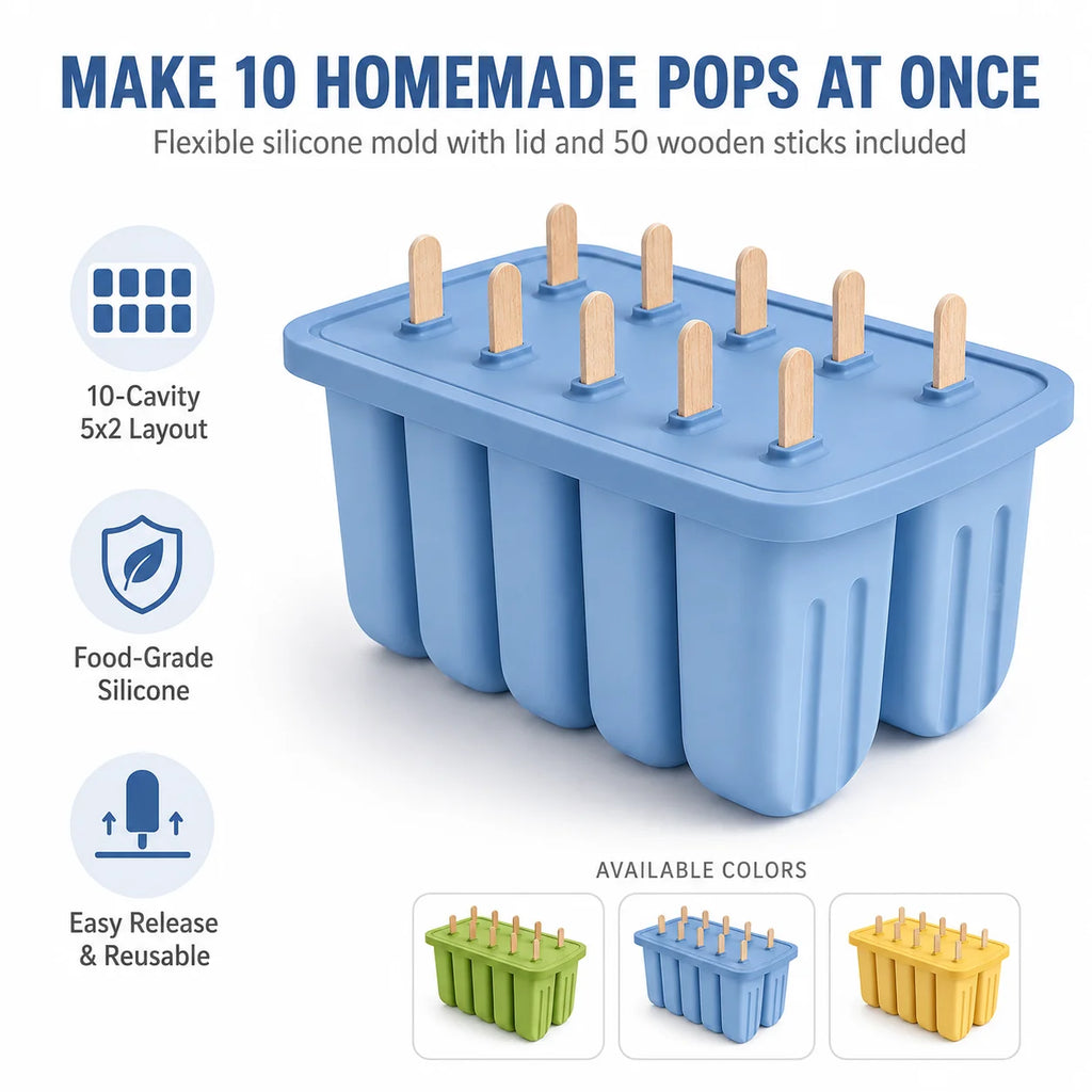 10-Cavity BPA Free Silicone Popsicle Mold with 50 Wooden Sticks Ice Pop Mold Axl