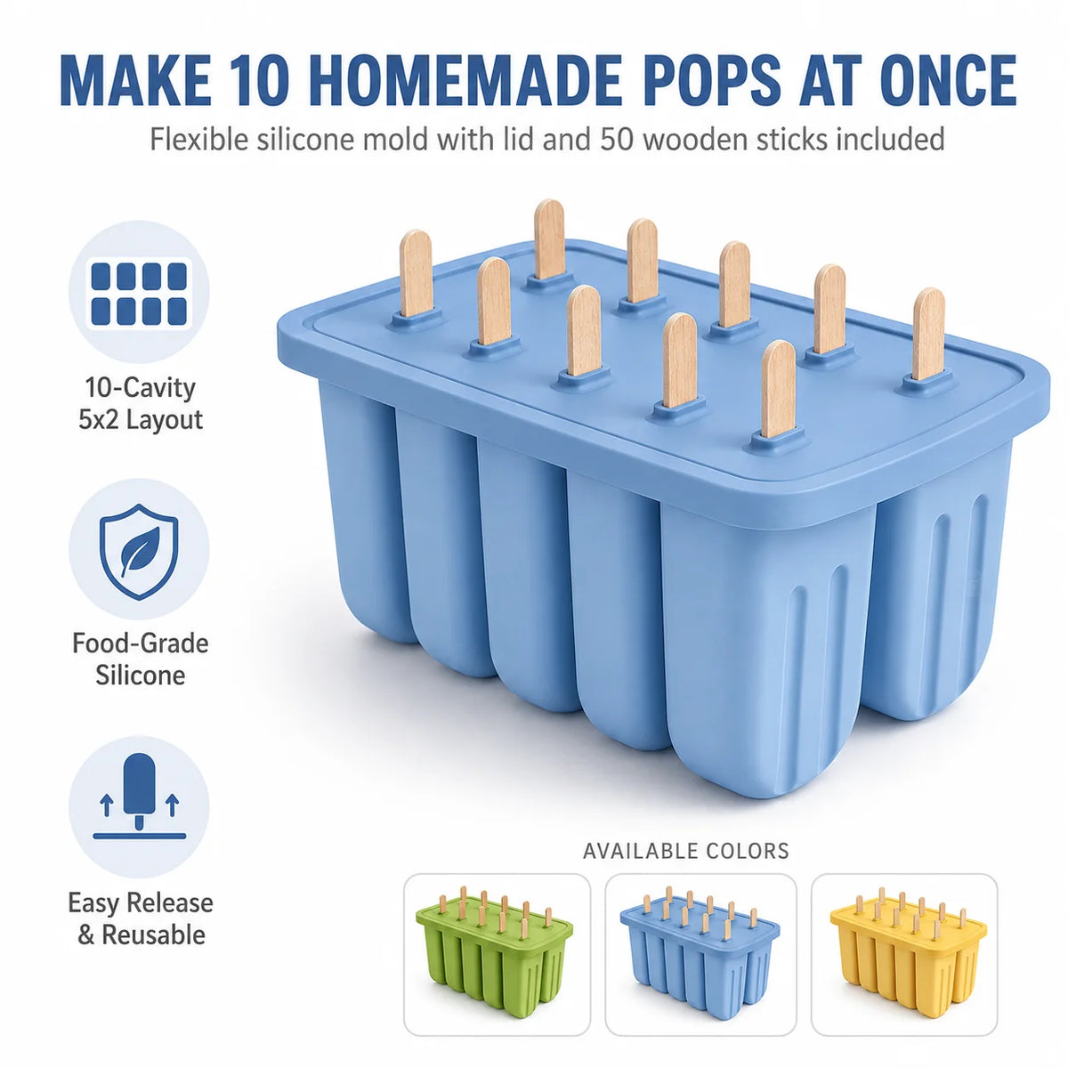 10-Cavity BPA Free Silicone Popsicle Mold with 50 Wooden Sticks Ice Pop Mold Axl