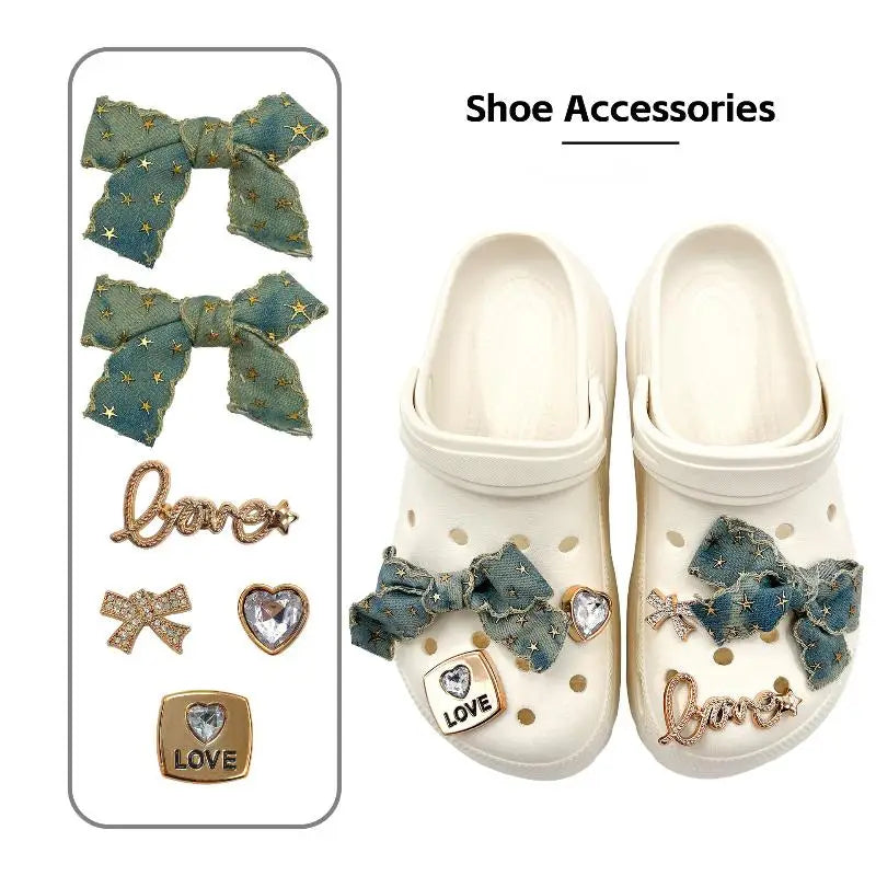 Denim Bow Rhinestone Shoe Charms DIY Decoration Kit – 6pc Shoe Charm Set Axl