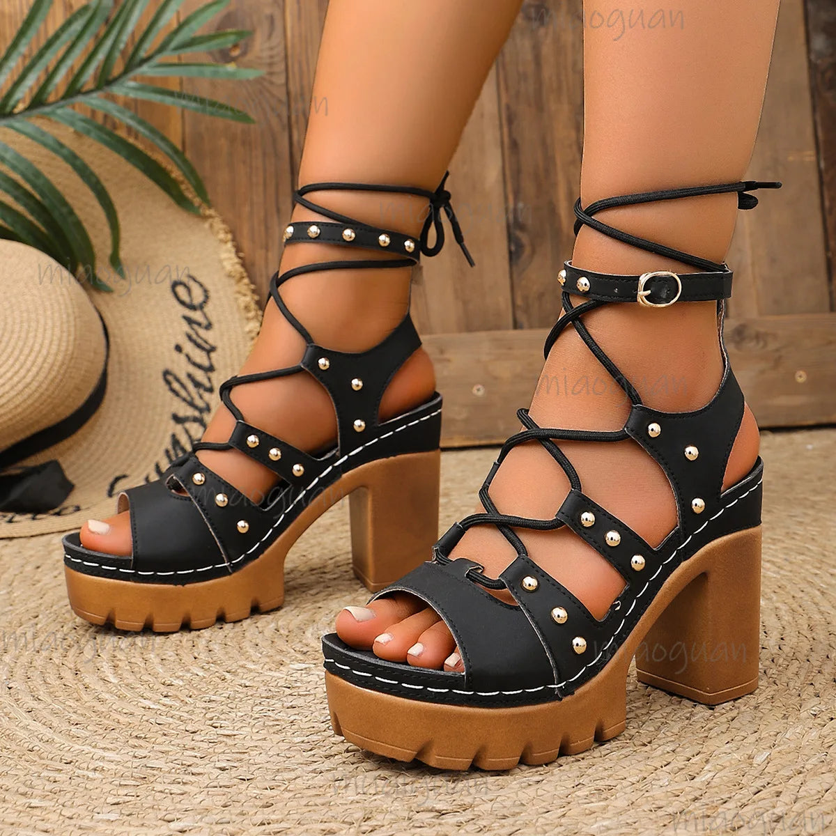 Women's Platform Gladiator Sandals – High Heel Rivet Straps Platform Heeled Sandals Axl