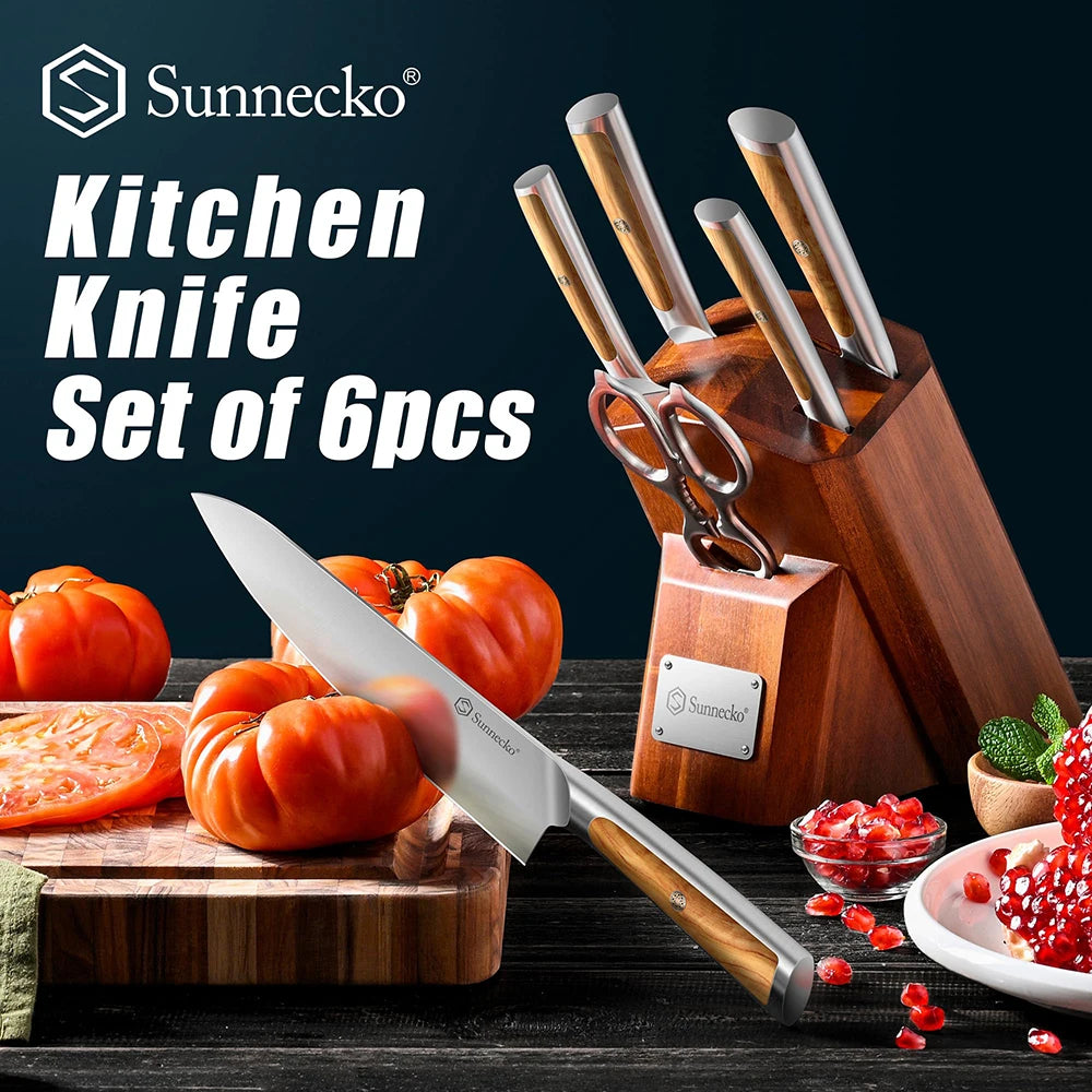 Sunnecko 6-Piece Kitchen Knife Set with Wooden Block Kitchen Knife Set Axl