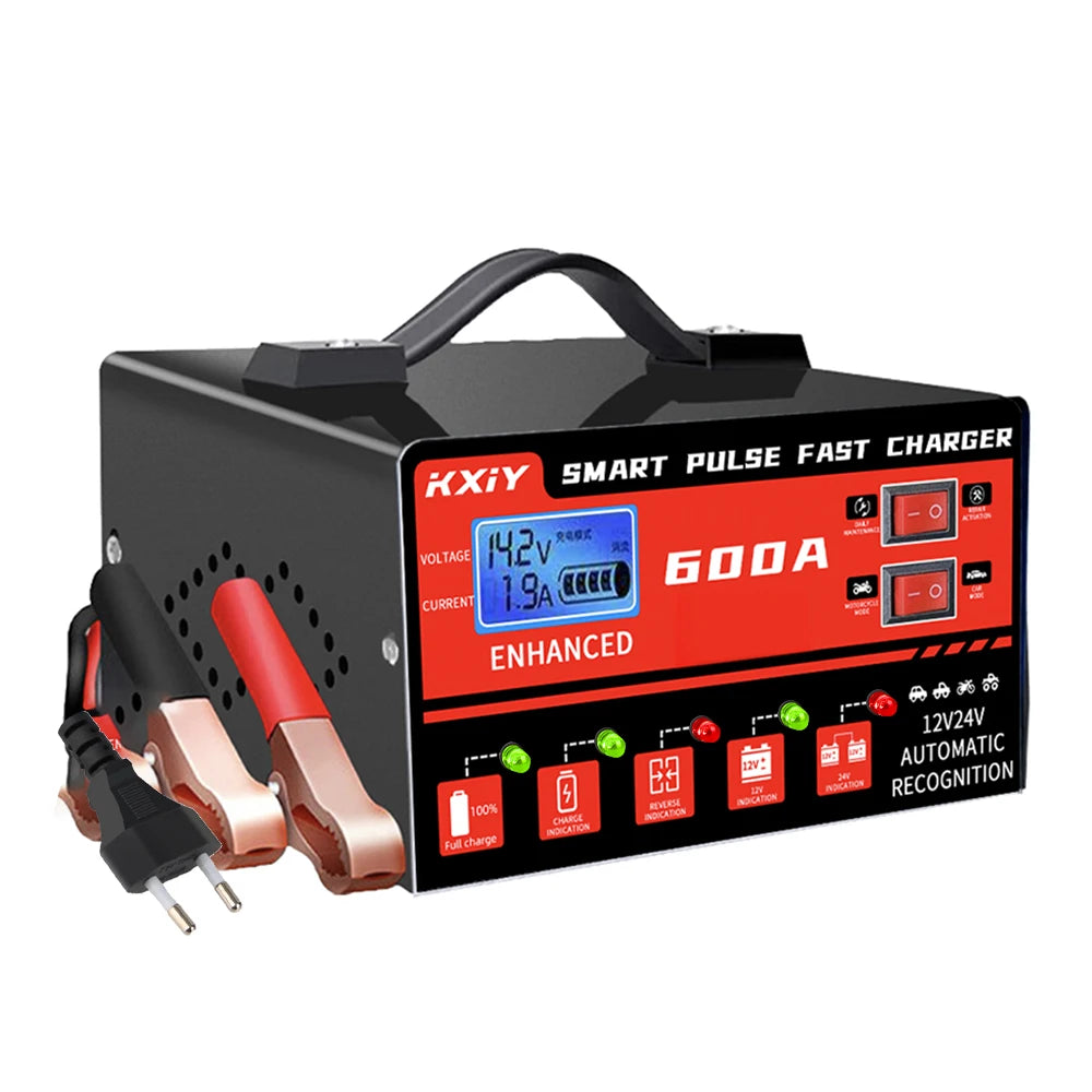 12V 24V 600A Intelligent LCD Auto Car Battery Charger Car Battery Charger Axl Red EU plug