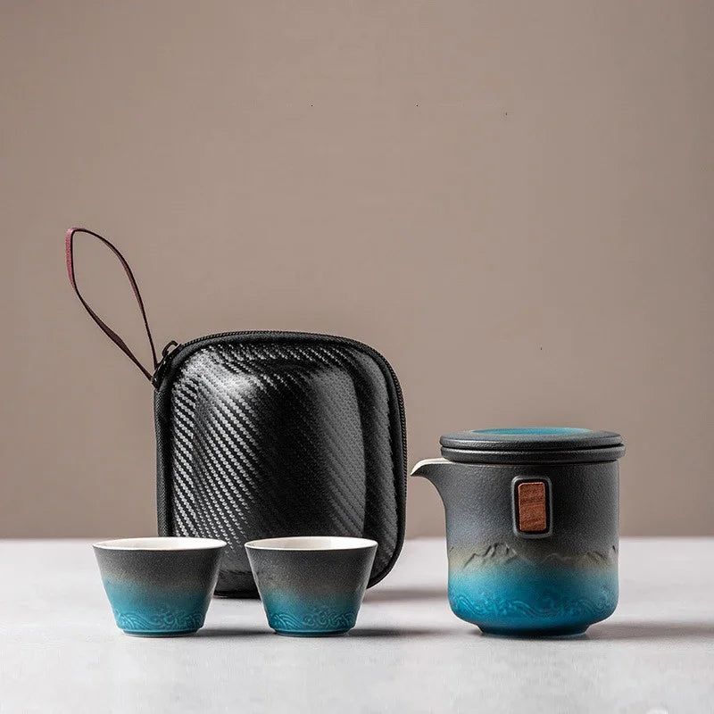 Ceramic Blue Kung Fu Travel Tea Set | Japanese Portable Teapot Kung Fu Tea Set Axl A