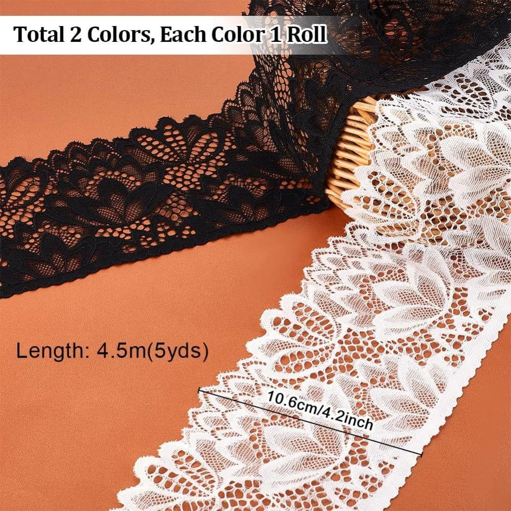 10 Yards Stretch Embroidery Lace Ribbon Trim – 4" Wide, Black & White Lace Ribbon Trim Axl